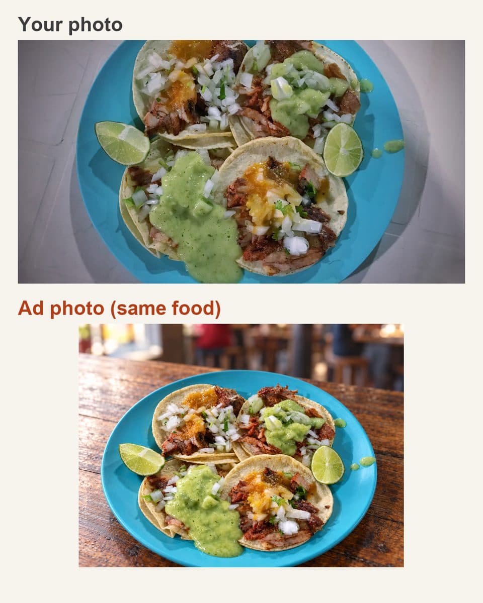 Before and after: a phone photo of the dish, and the ad photo of the same food