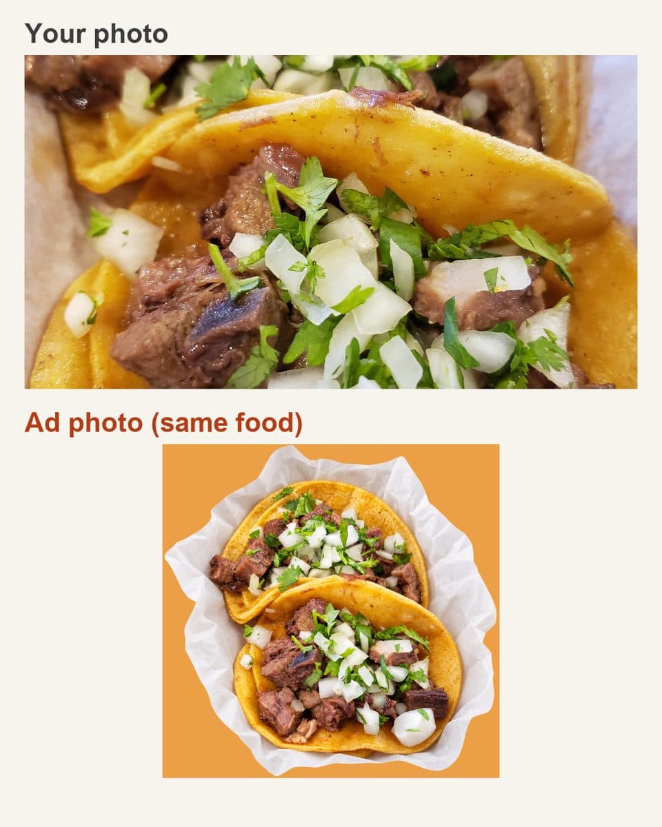 Before and after: a phone photo of the dish, and the ad photo of the same food