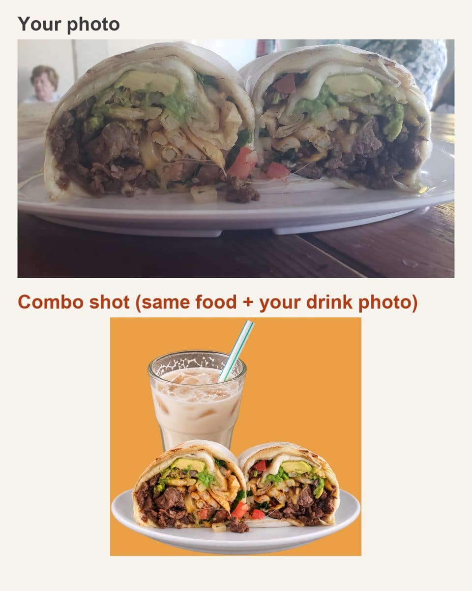 Before and after: a phone photo of the dish, and the ad photo of the same food