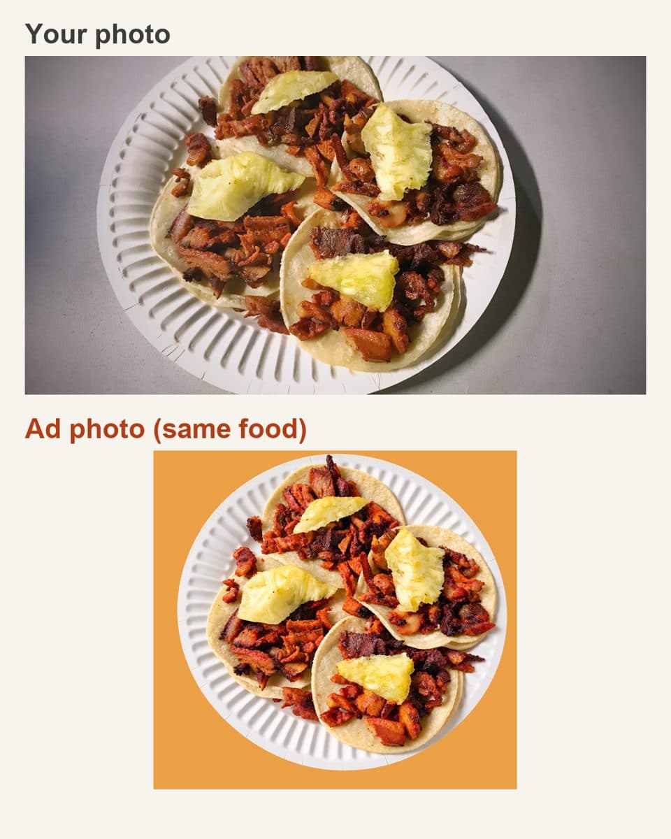 Before and after: a phone photo of the dish, and the ad photo of the same food