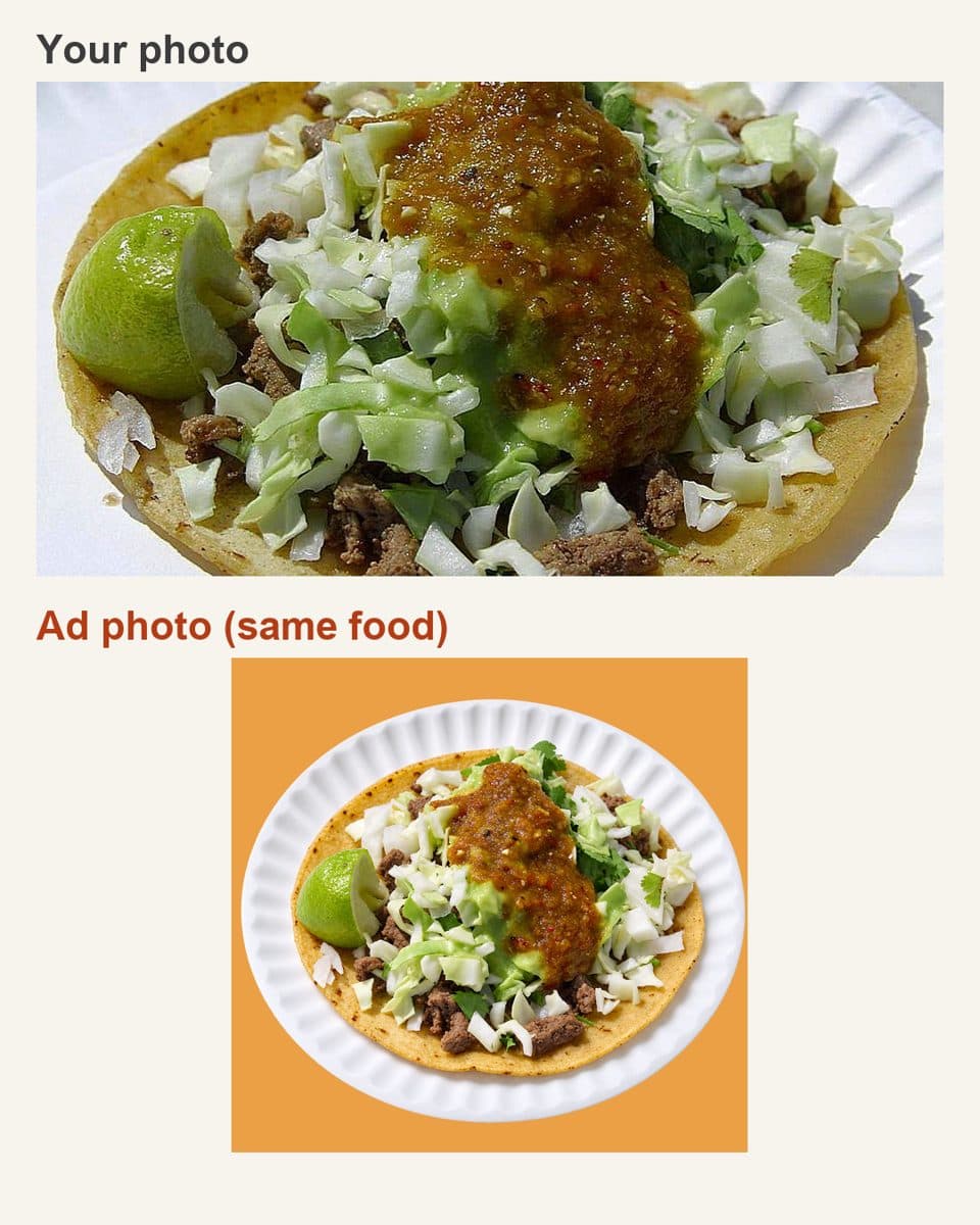 Before and after: a phone photo of the dish, and the ad photo of the same food